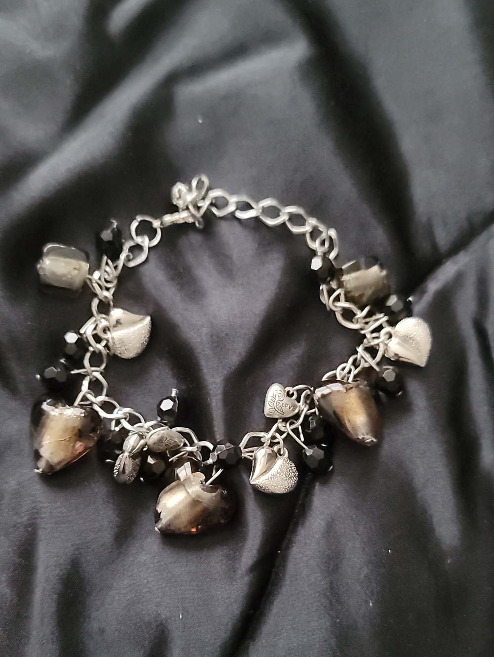 Silver Heart Charm Bracelet with Black and Smoky Beads